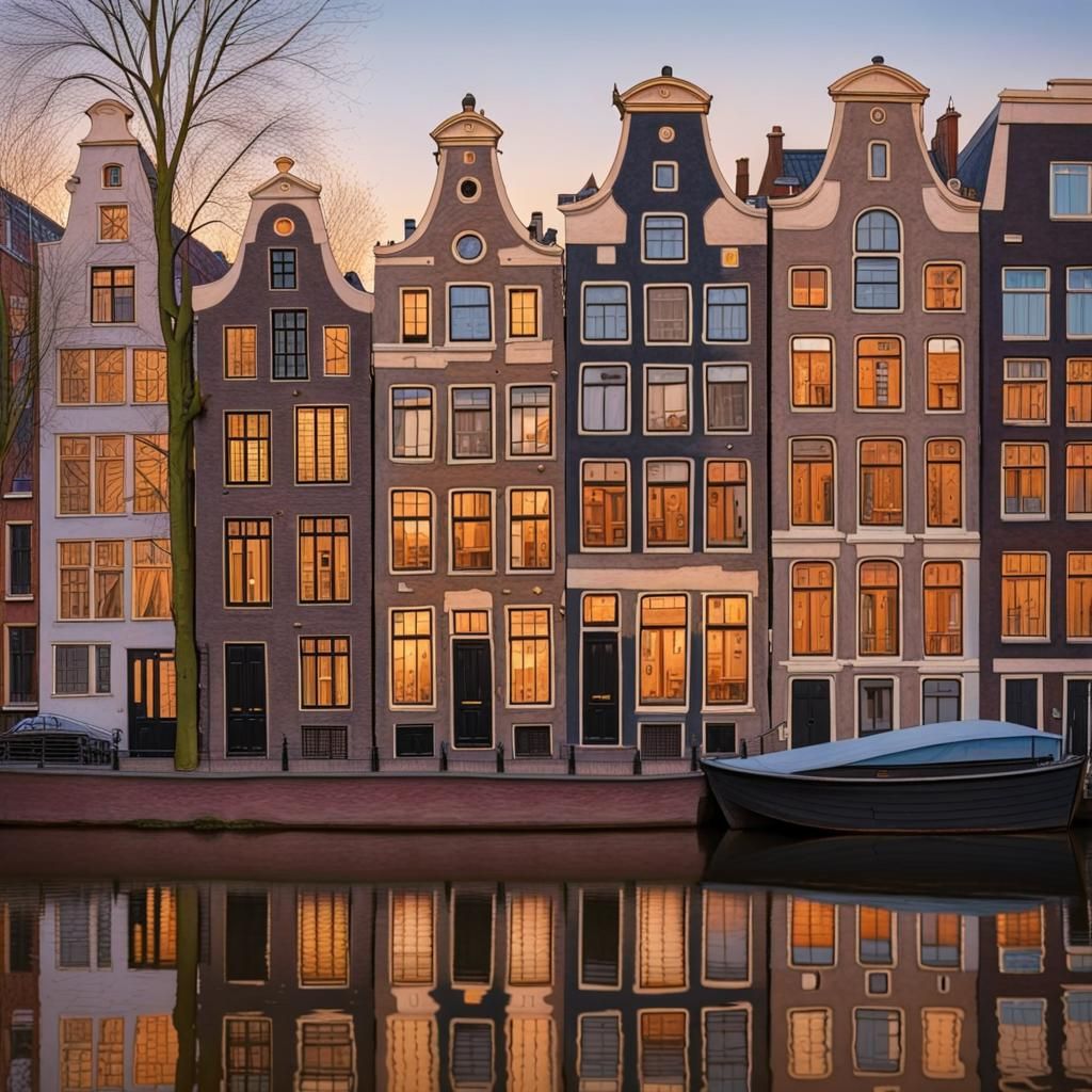 Amsterdam Canal House at Dawn: Gouache Architectural Sketch