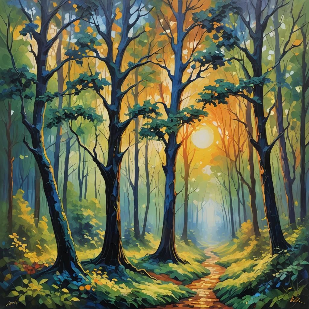 Magical Forest at Sunrise in Impressionist Style