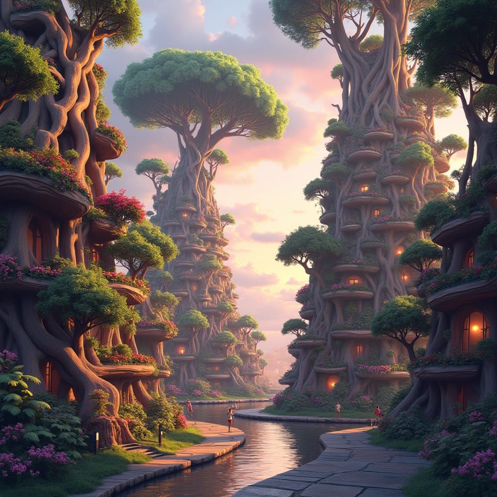 Fantasy Cityscape with Tree Buildings in Whimsical Style