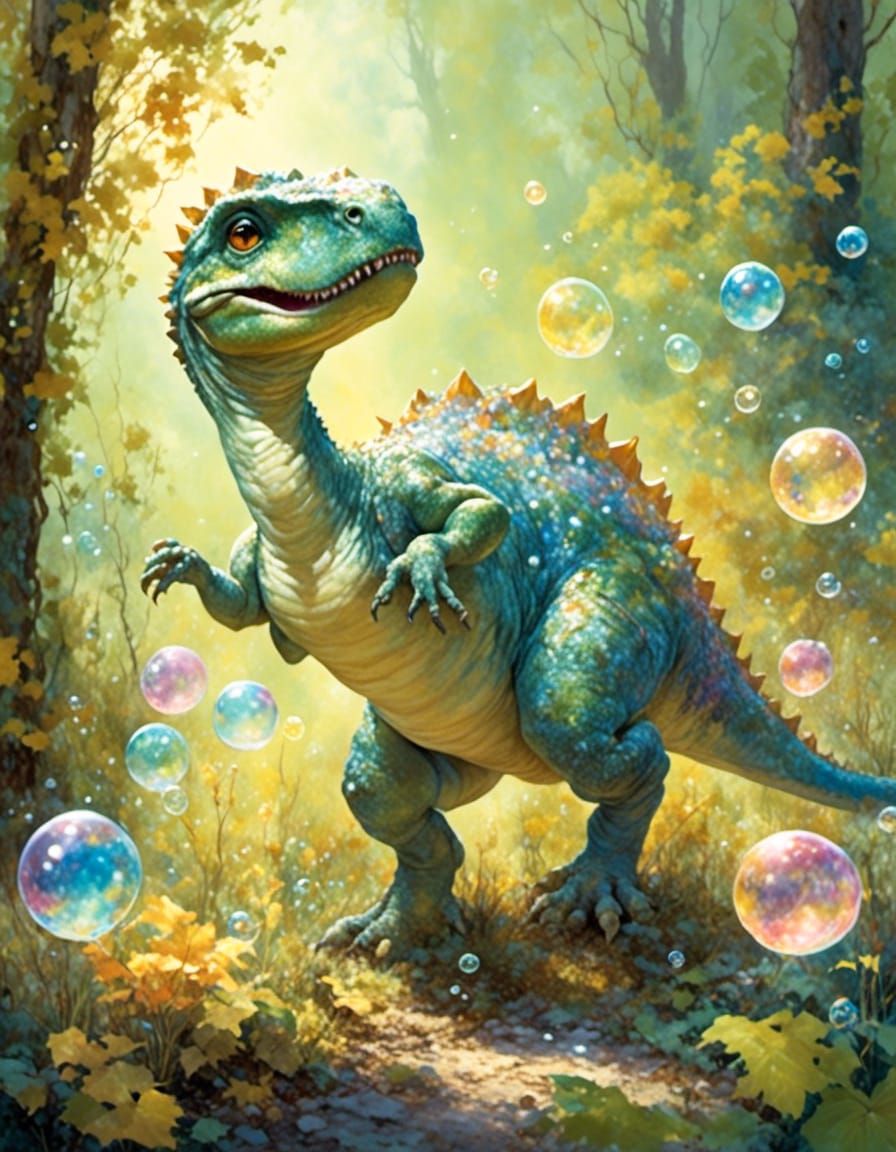 Baby Dinosaur's Bubble Party: Whimsical Forest Art