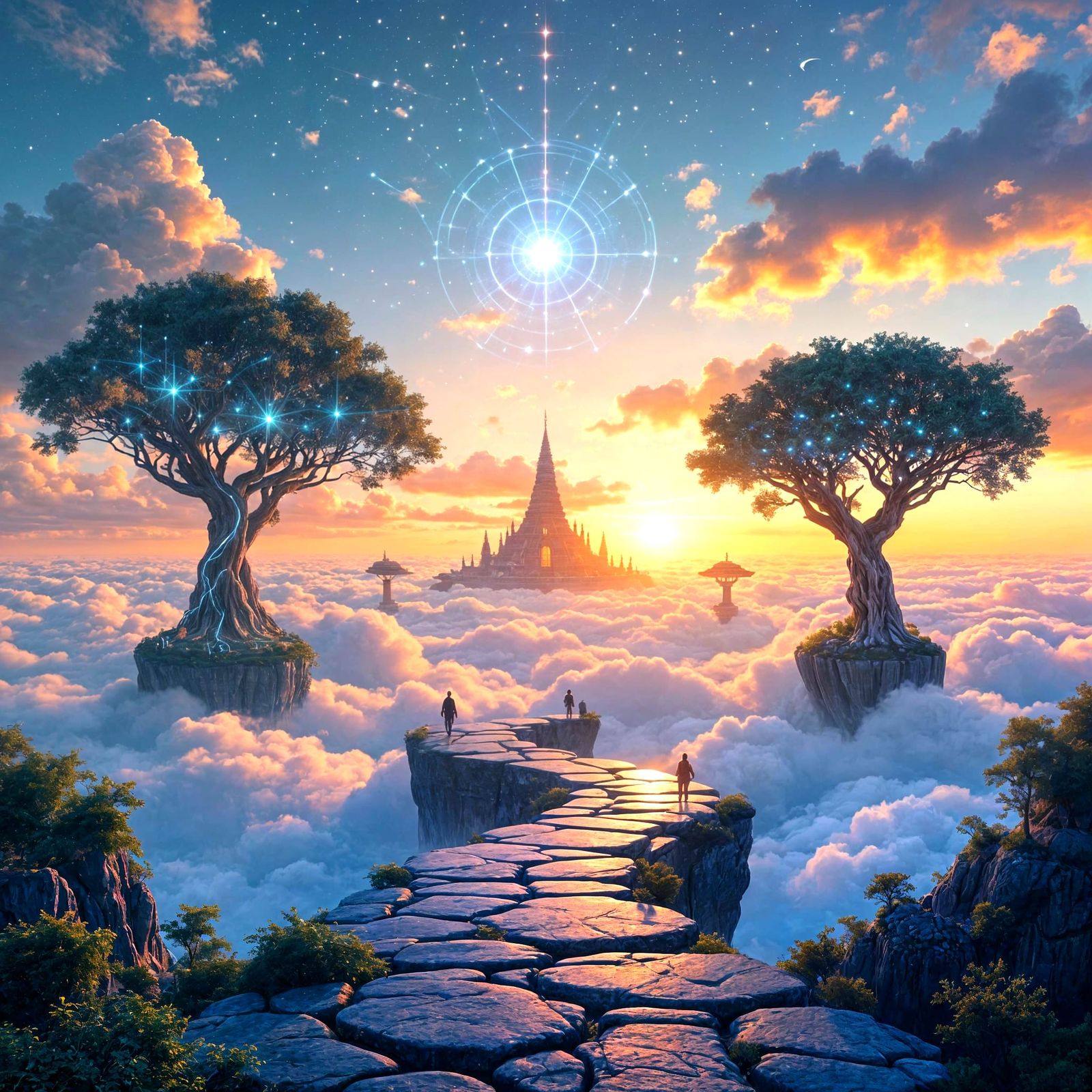 Serene AI Temple Among Clouds in Hyperrealism