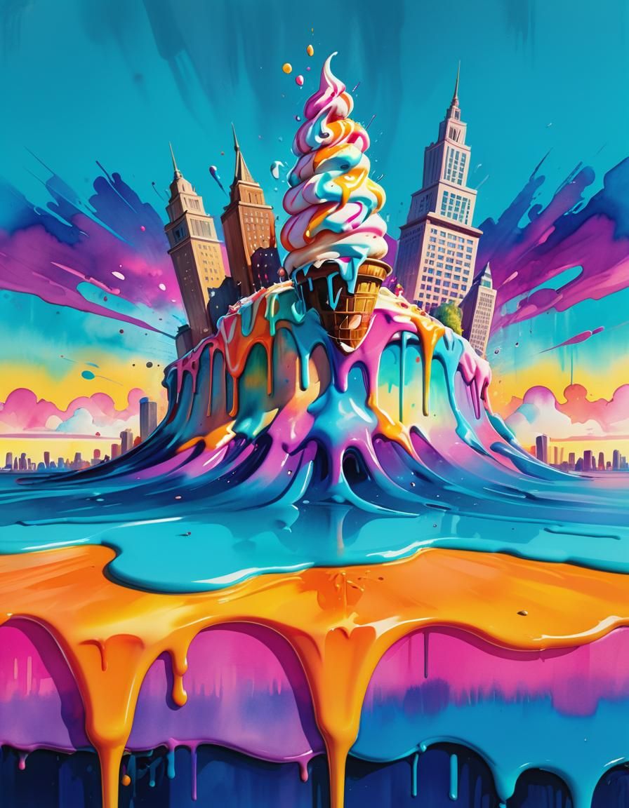 Giant Ice Cream Meltdown in Watercolour Style