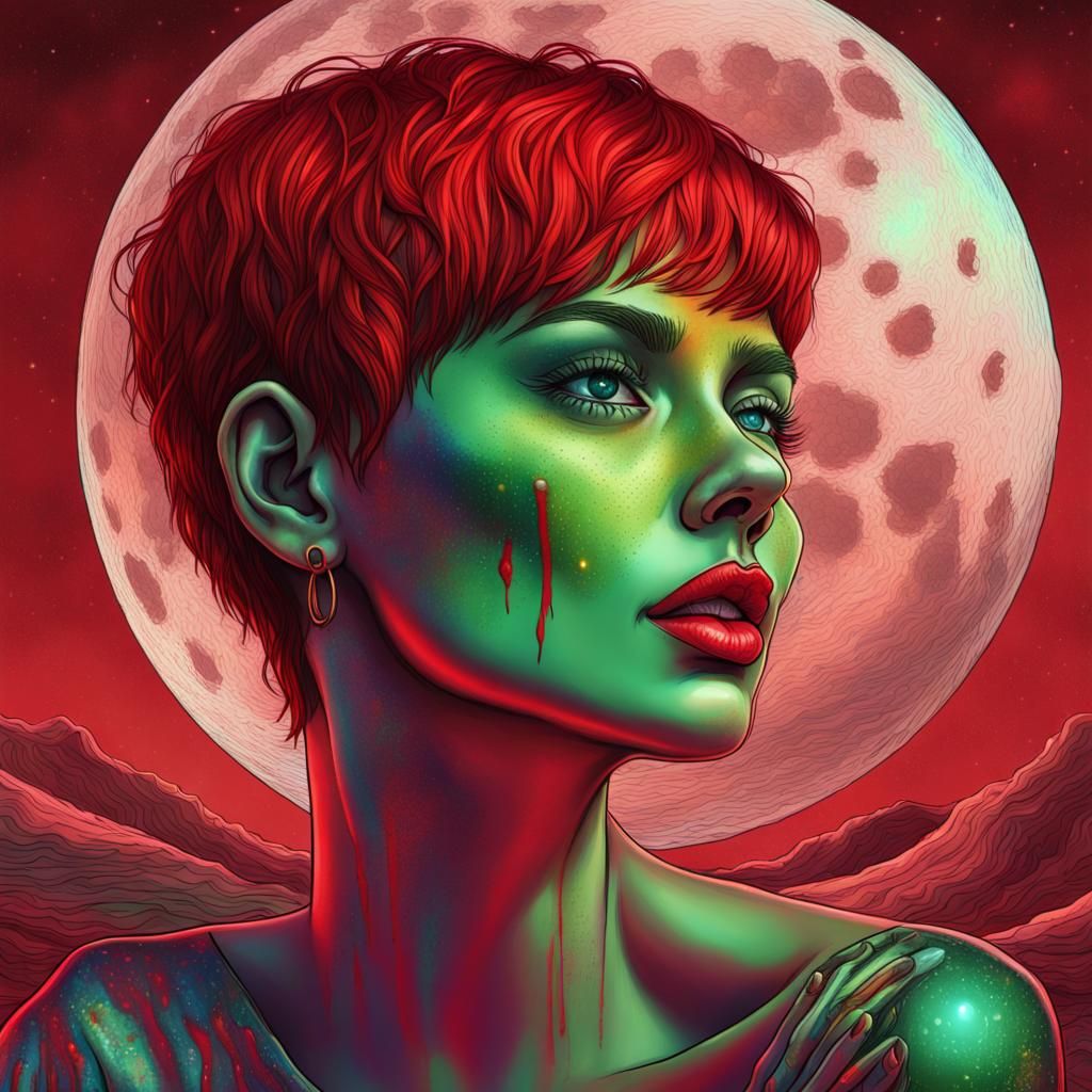Woman on the Moon Crying, Holographic Cosmic Illustration