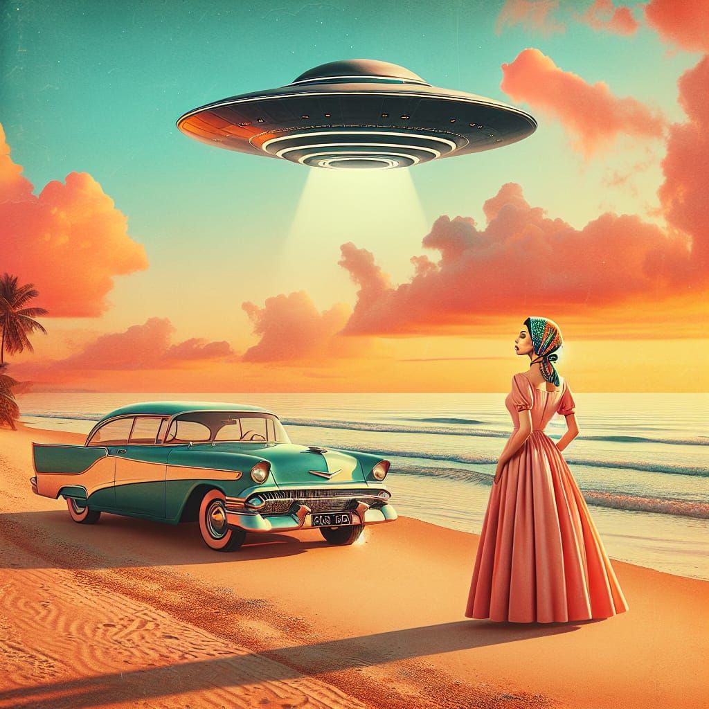 Retro-Futuristic Woman and Flying Saucer at Sunset
