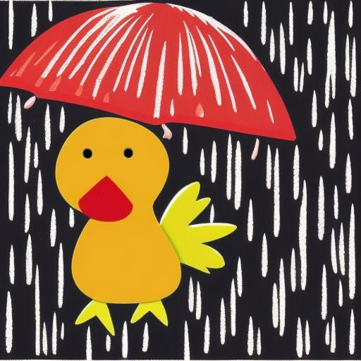 Cartoon Hen with Umbrella Clipart in Rain