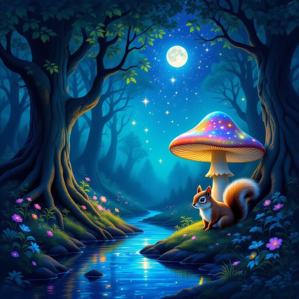 Enchanted Twilight Forest with Starry Roots and Moonlit Leav...