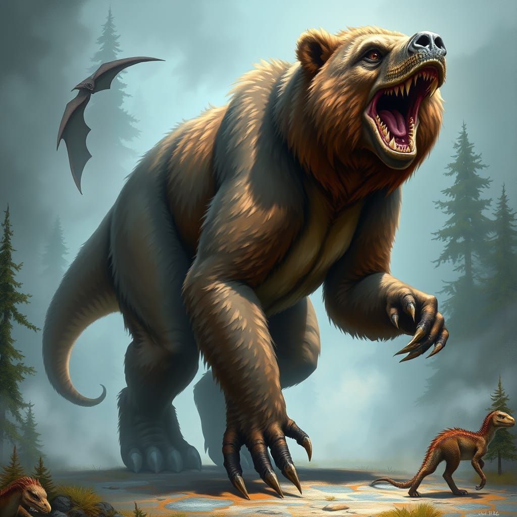 Fantasy Bear-Raptor in Mystical Forest