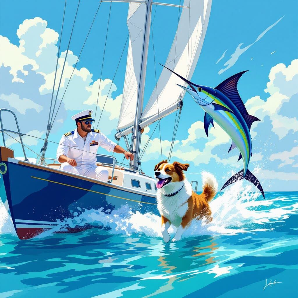 Sailor, Dog, and Sailfish in Airbrush Art Style