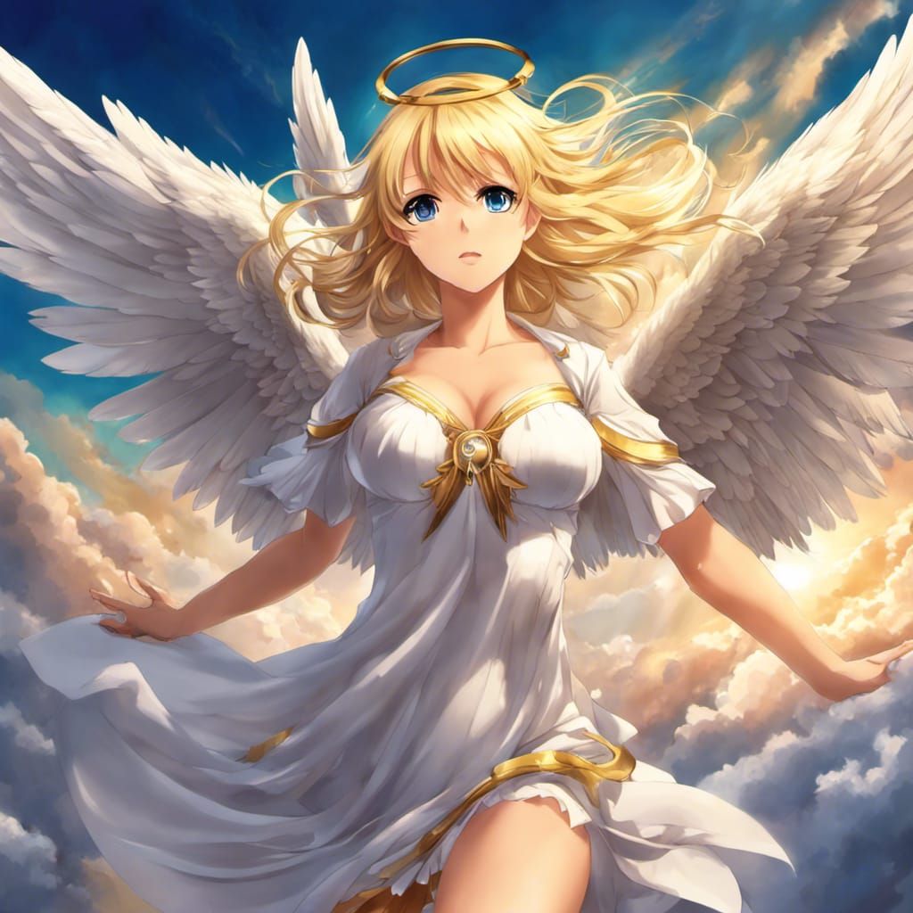 Anime Angel Girl with Blond Hair Flying