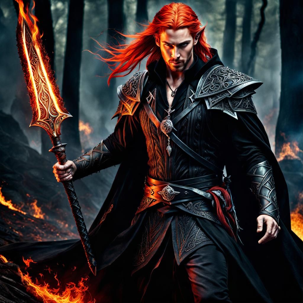 Epic Half-Elven Warlock with Runes and Flaming Background