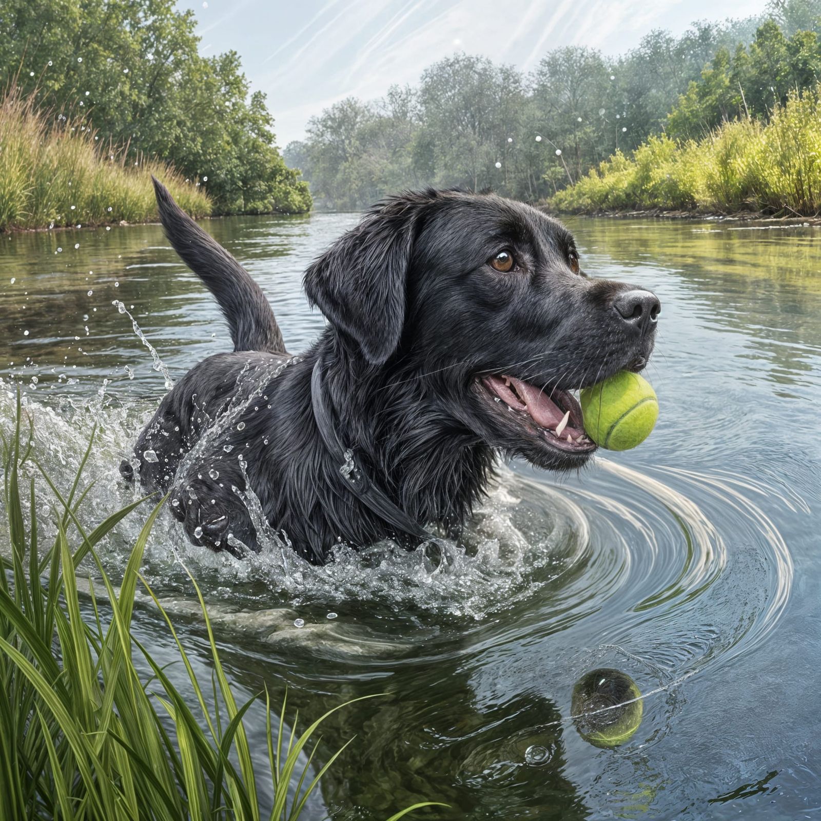 A Black Lab Plays in the Water with a Tennis Ball
