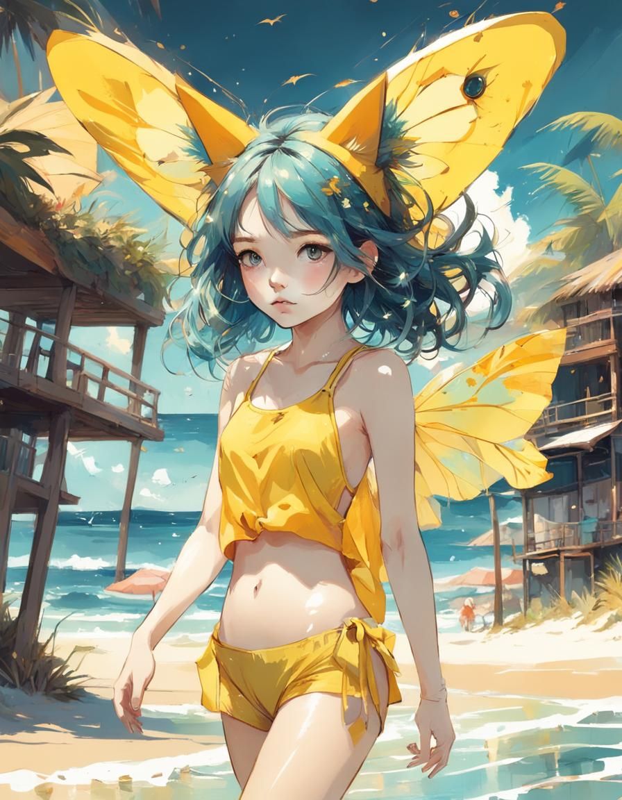 Anime Cat-Ear Girl in Yellow Swimsuit on Beach