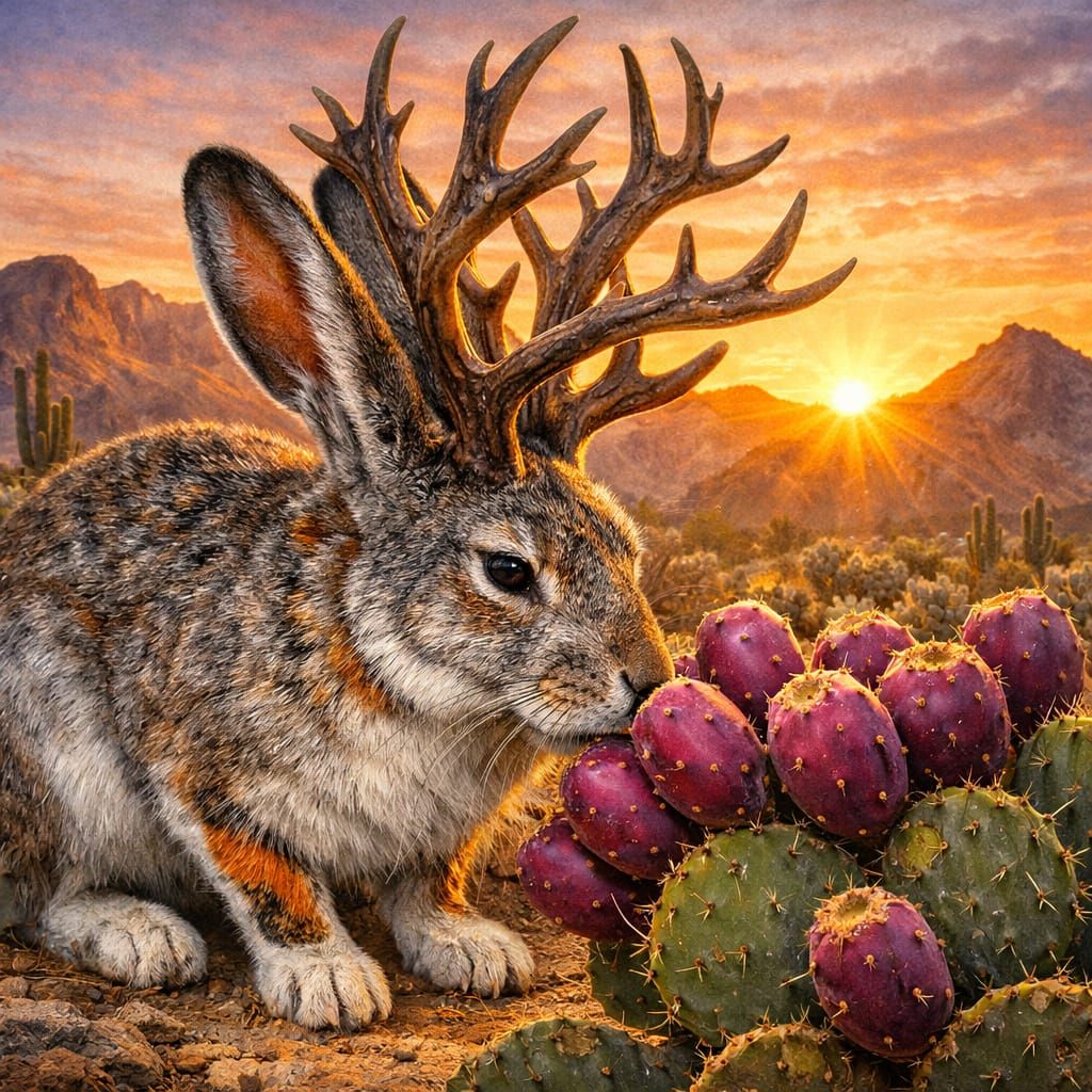 Jackalope Sniffing Cactus Fruit at Sunrise