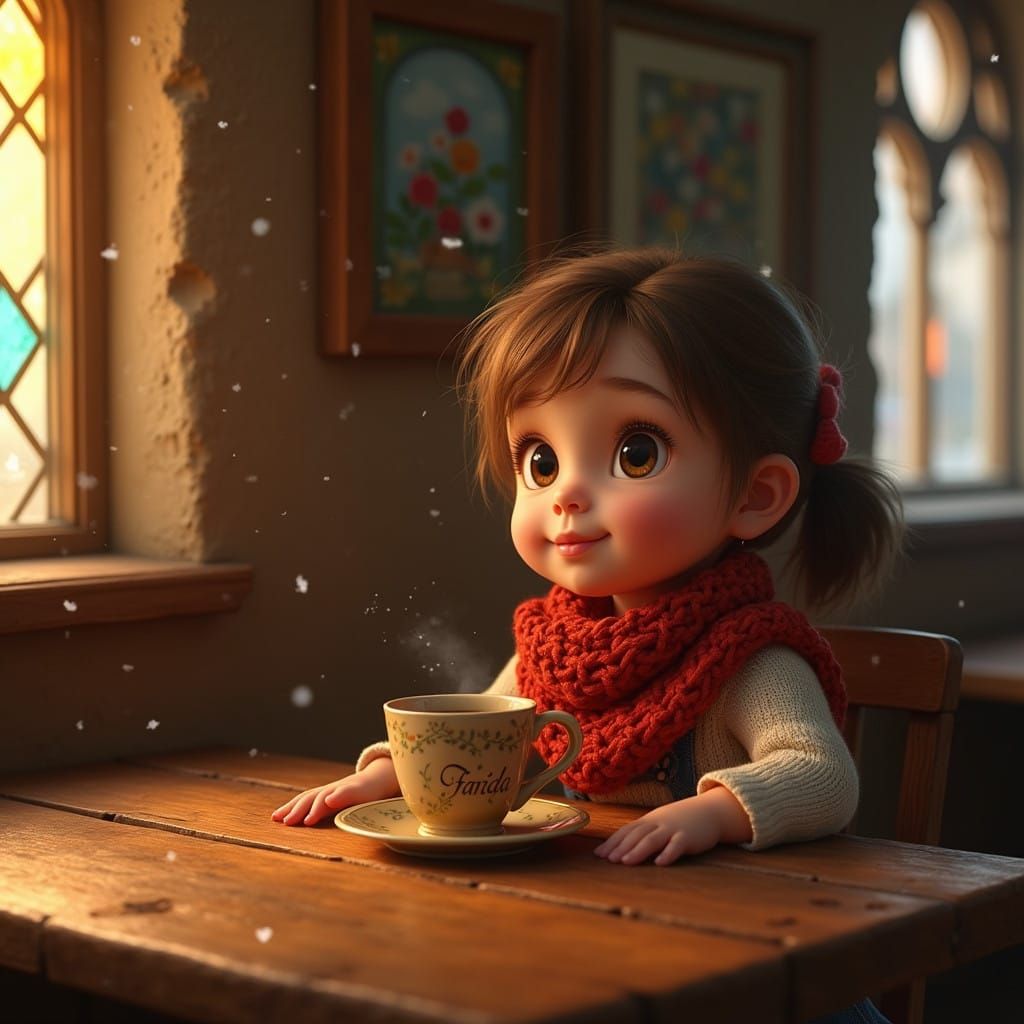 Cozy Medieval Girl Farida Enjoys Coffee in Whimsical Pub Set...