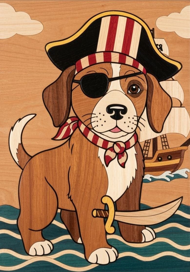 Puppy Pirate Intarsia Art with Wooden Inlay
