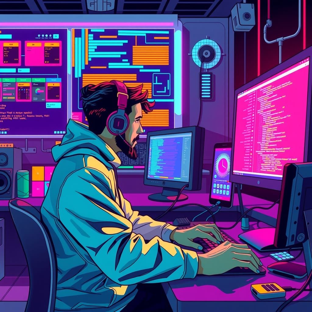 Futuristic Software Coding Scene in Neon Digital Art