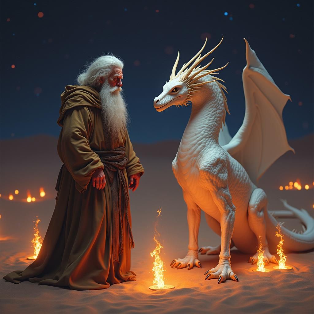 Wizard and Dragon in Desert Night, Matte Painting