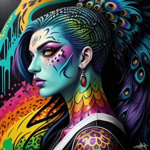 Colorful Dragon Scale Woman in Graffiti Art Style