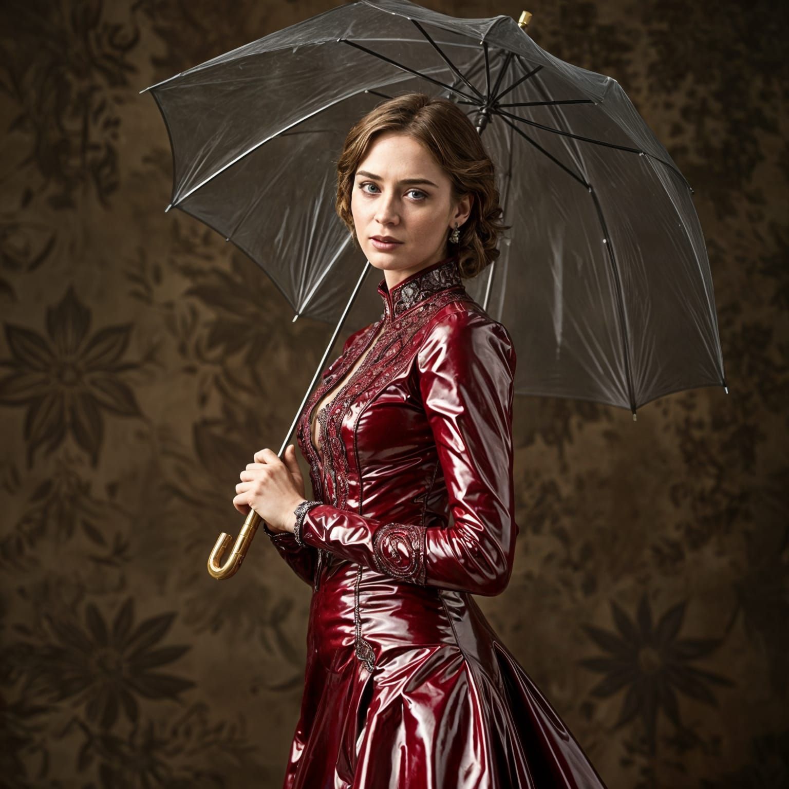 Emily Blunt in Shiny Victorian PVC Dress with Umbrella