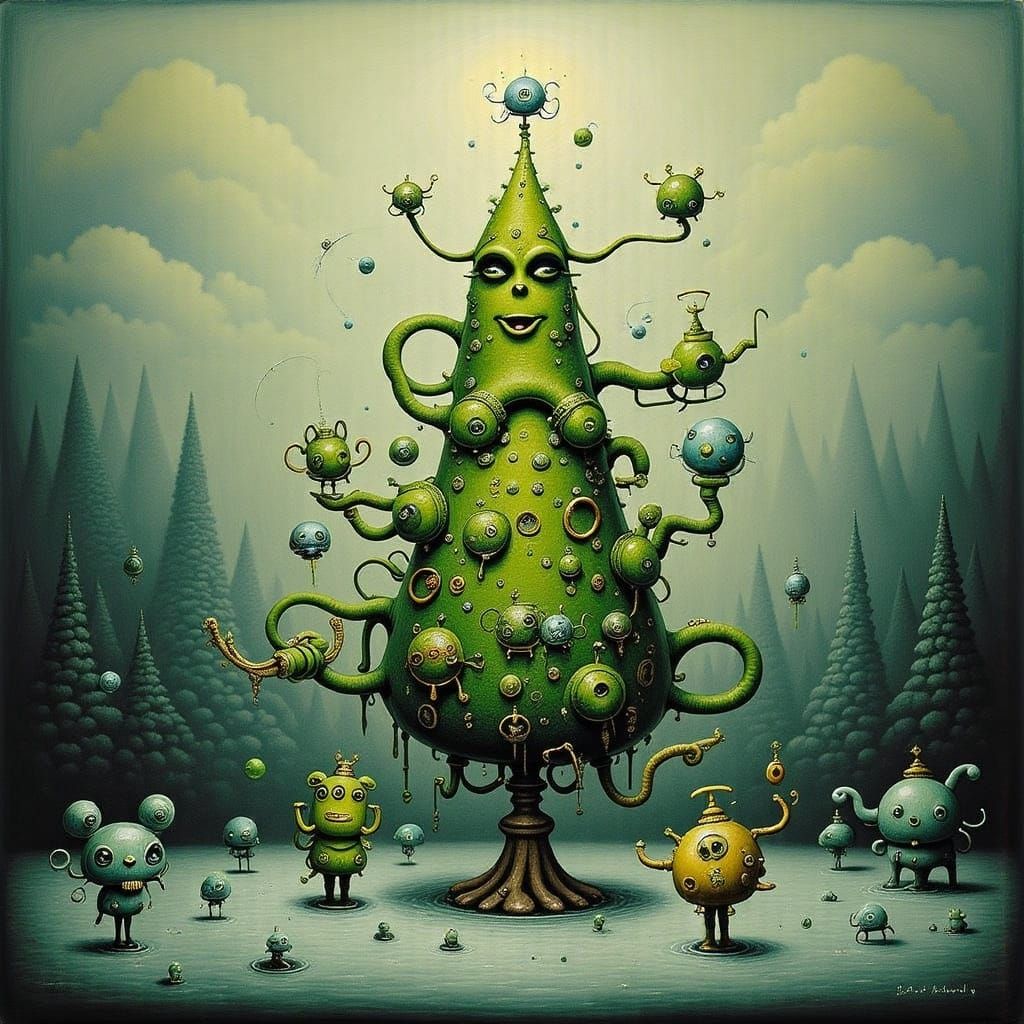 Surreal Grinch Christmas Tree in Whimsical Pointillist Style