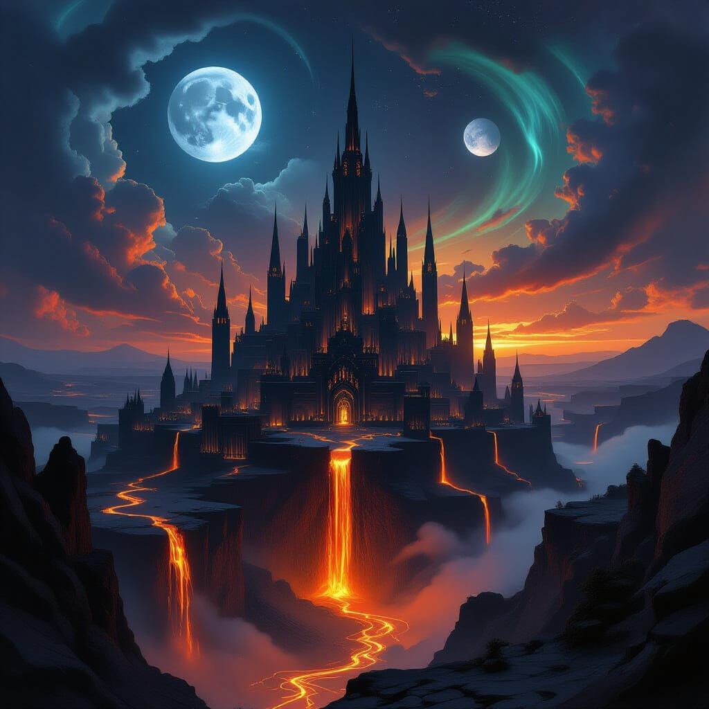 Obsidian City in Volcano Caldera Under Two Moons