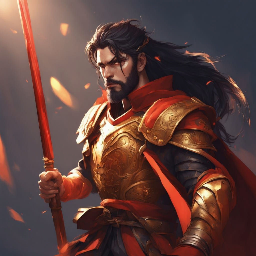 Anime Fighter Bard in Red and Gold Attire