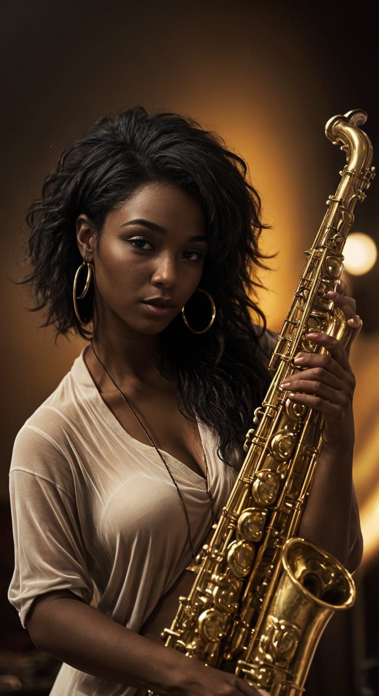 Sensual Black Woman Playing Saxophone