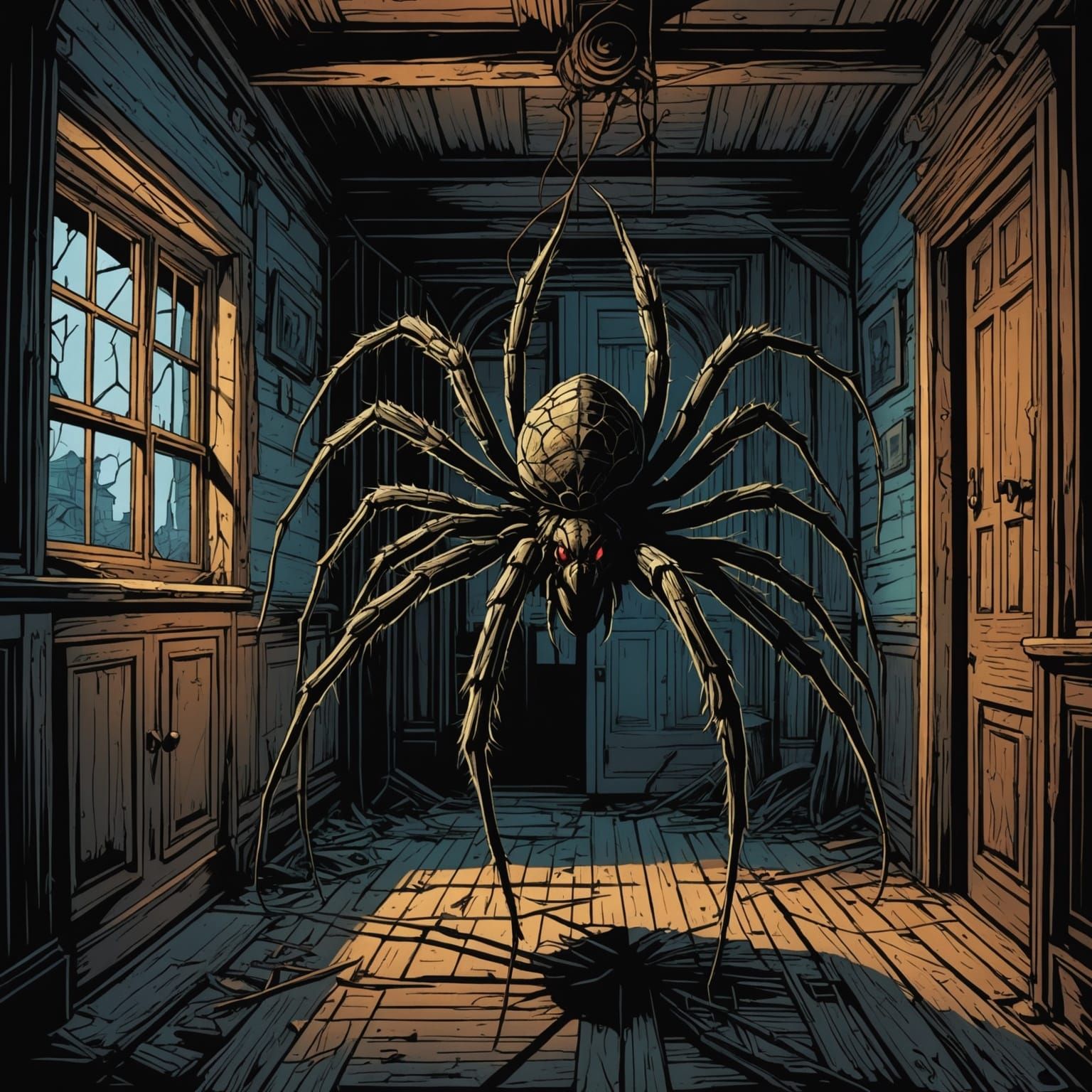 Giant Spider in Old House: Comic Book Art
