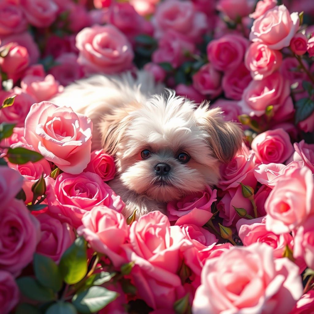 Whimsical Shih Tzu in a Dreamy Field of Roses