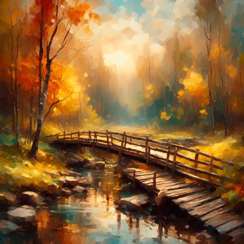 Golden Hour: Old Wooden Bridge in Autumn Forest