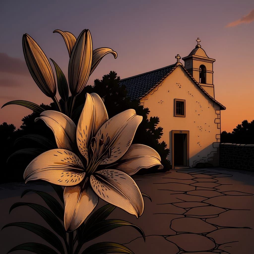 Minimalist Lily Emblem with Canarian Ermita Outline