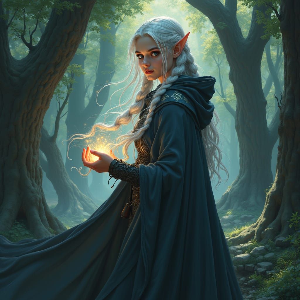 Elven Huntress in Mystical Grove, Art Nouveau Style