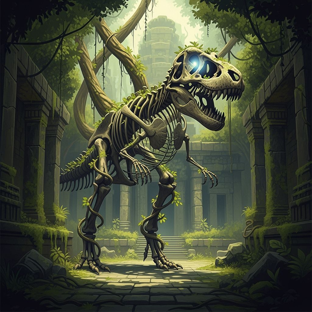 Ancient T-Rex Skeleton in Jungle Temple Ruins