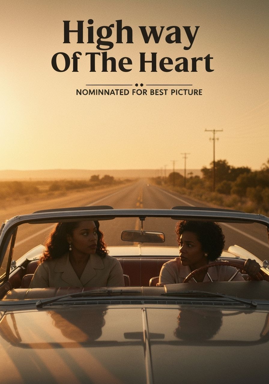 1950s Road Trip Movie Poster: Two Women Driving at Sunset