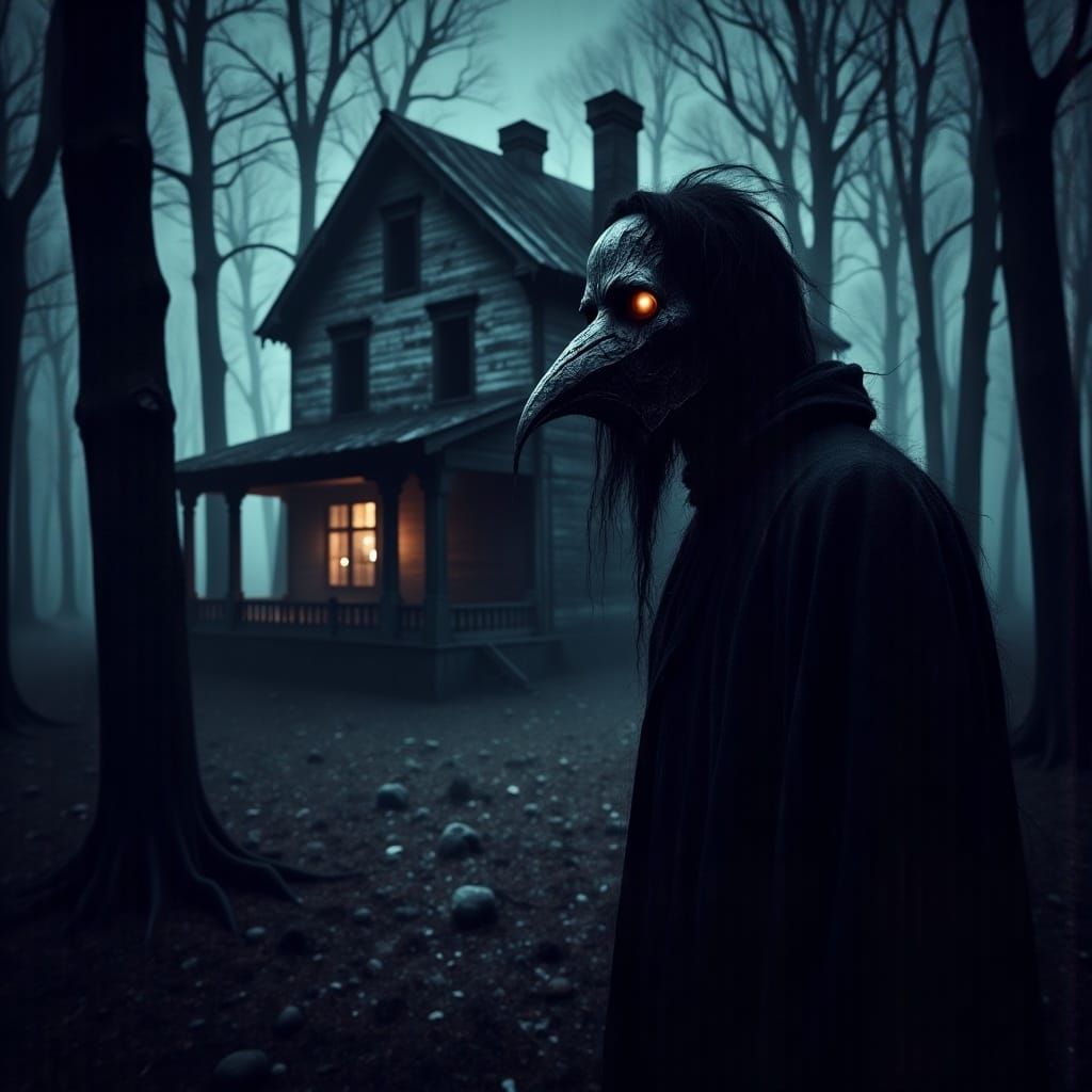 Eerie Plague Doctor in Dark Woods, Gothic Art