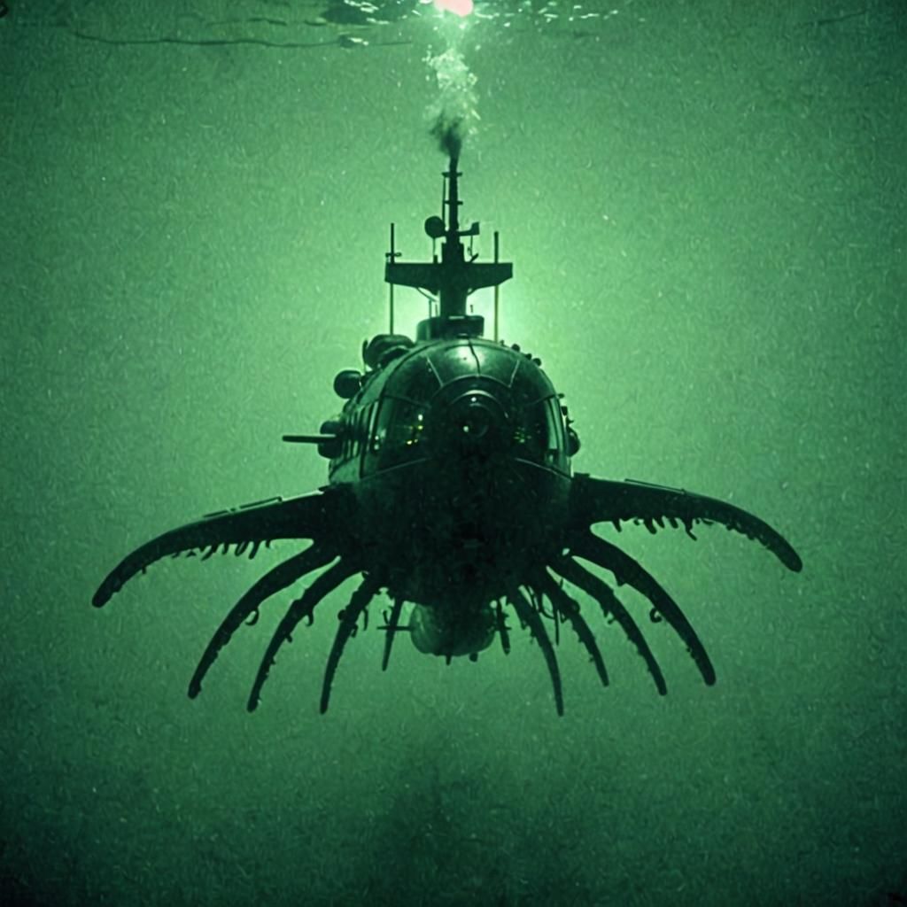 Dreamcore Retro Submarine with Cyborg Kraken Silhouette