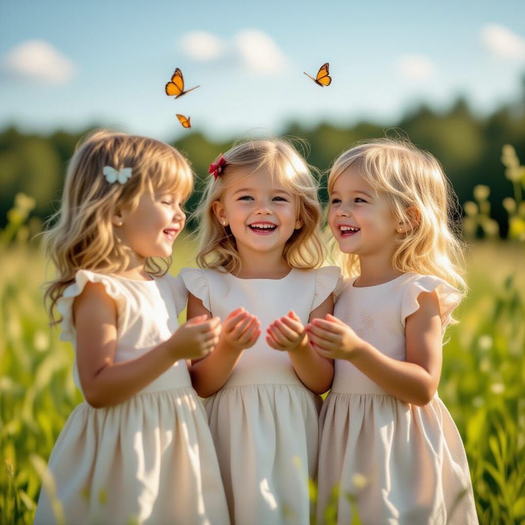 Three Smiling Girls Catch Butterflies in Golden Hour Meadow