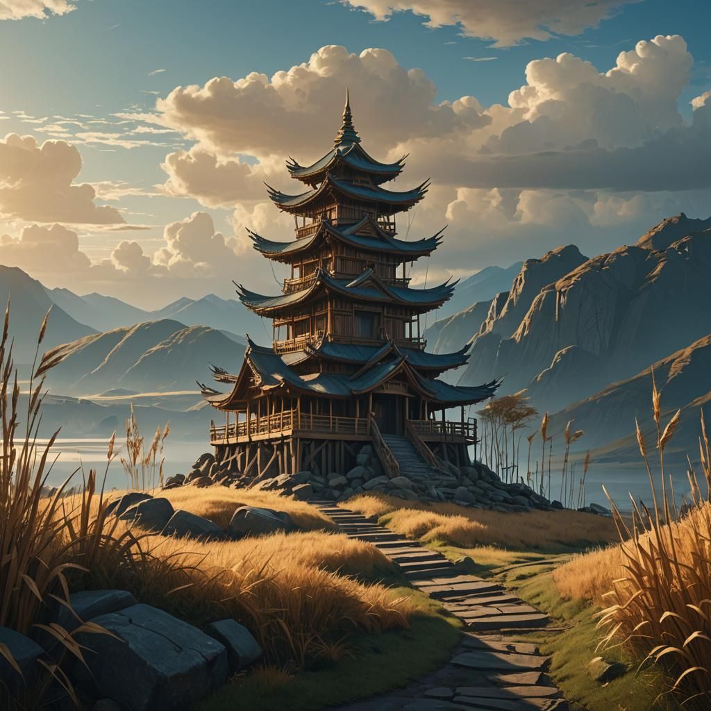Windswept Temple as Matte Painting in Golden Light