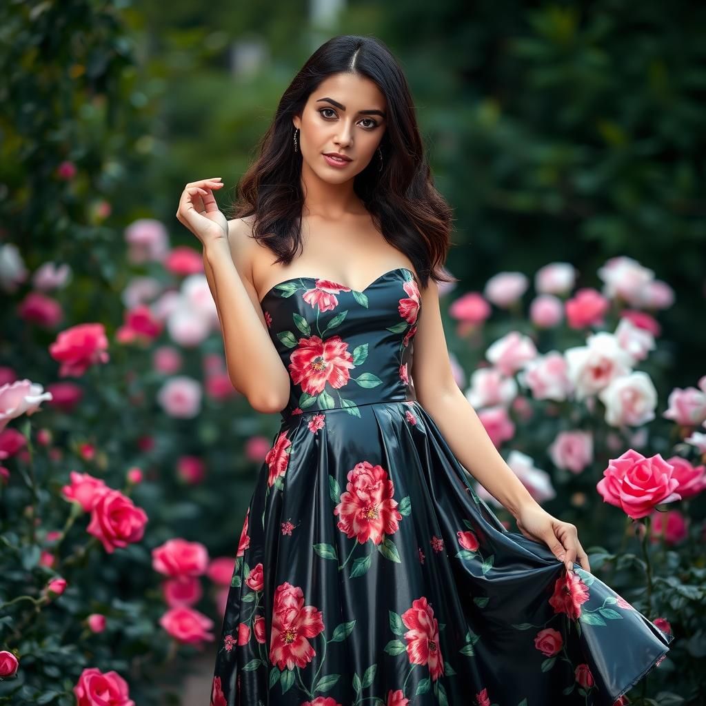 Woman in Floral Latex Dress in Rose Garden