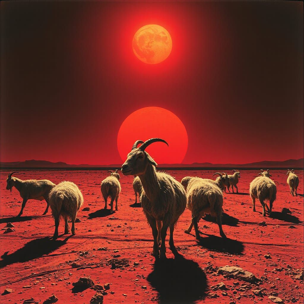 Goats Under Red Sun: Surreal Biomechanical Landscape