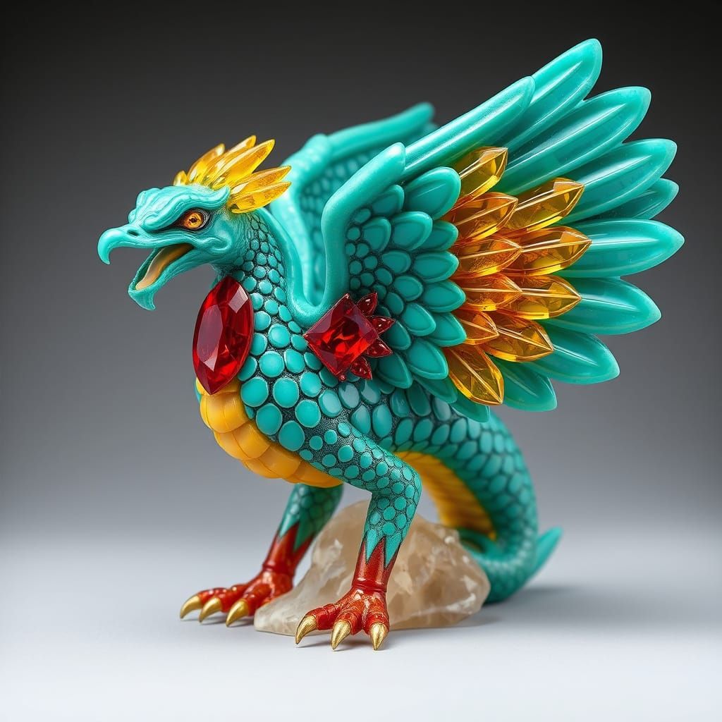 Aztec Serpent God Quetzalcoatl in Gemstone Sculpture Style