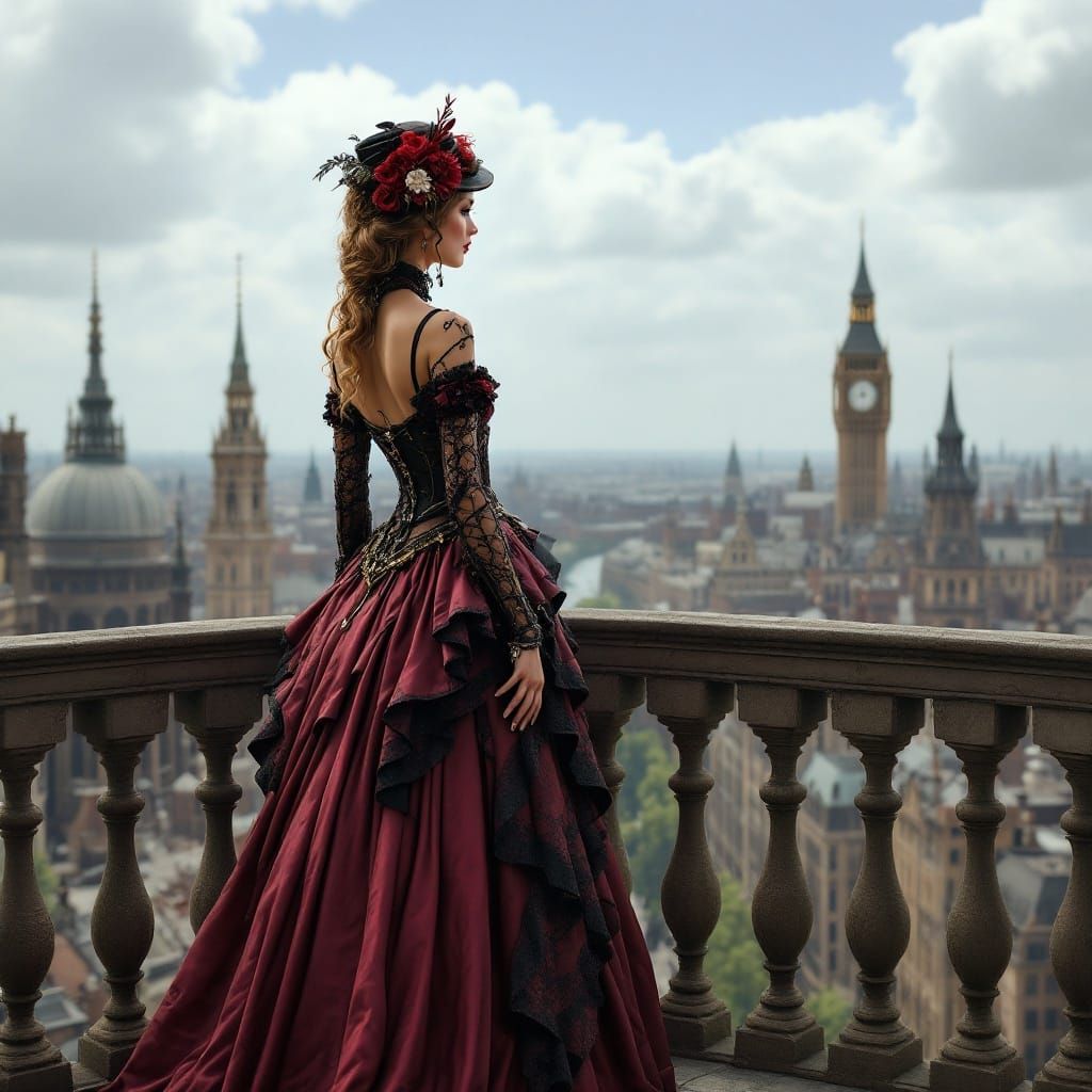 Steampunk Lady Overlooks Victorian Cityscape
