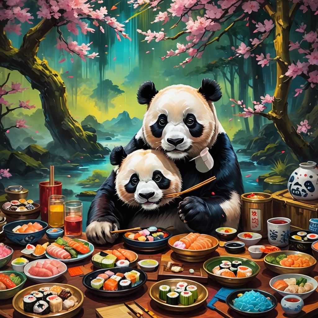Panda Eats Sushi in Japanese Oil Painting