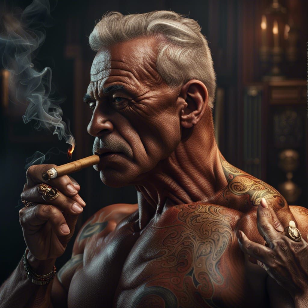 Bodybuilder Enjoying a Cigar: Detailed Fantasy Art