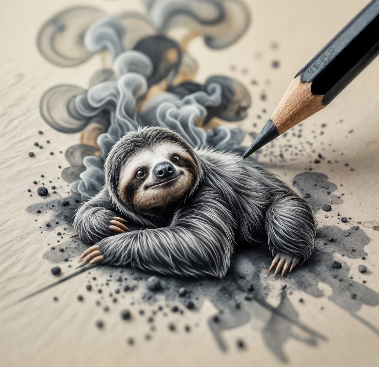 Macro Sloth Sketch with Smoke in Cinematic Realism