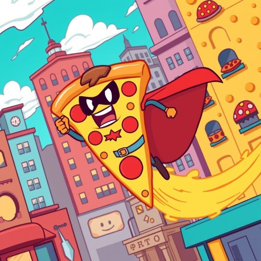 Cartoon Pizza Slice Superhero Flying Over Metropolis
