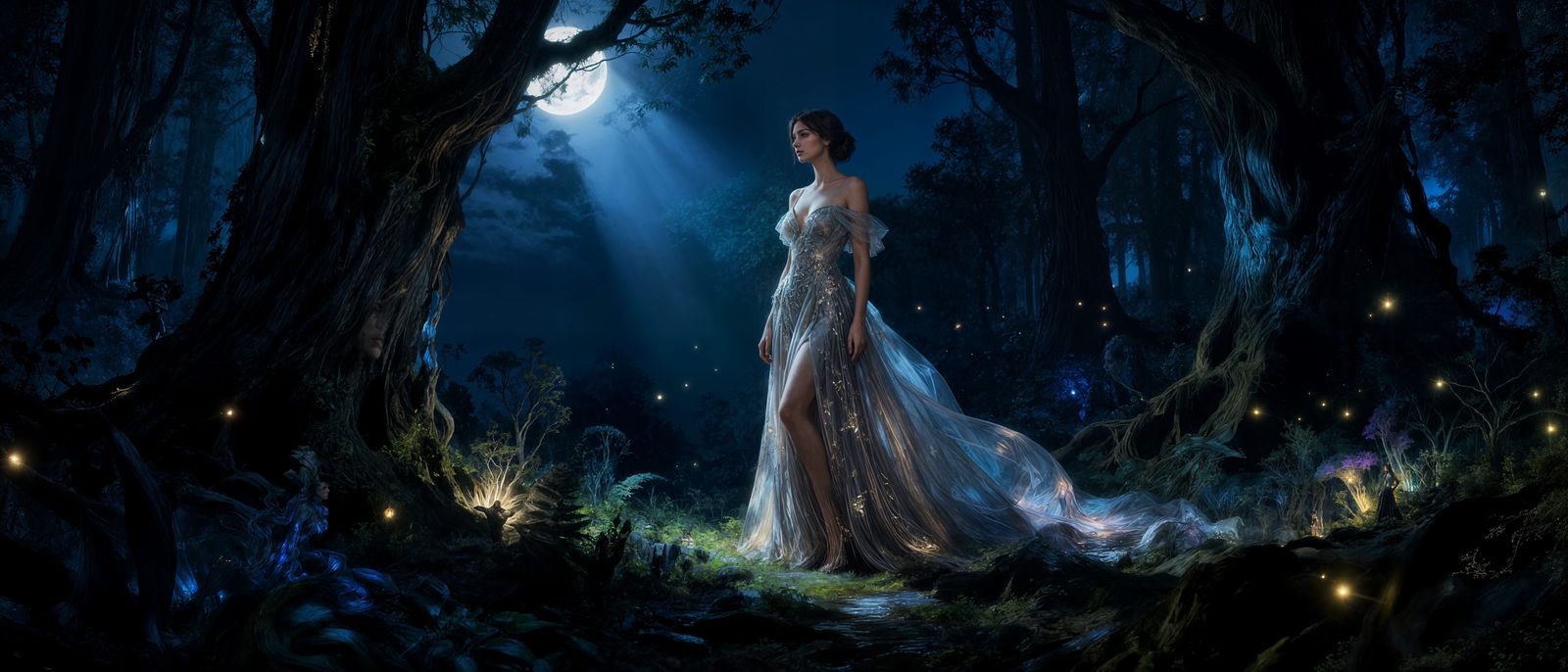 Elegant Woman in Moonlit Forest at Twilight