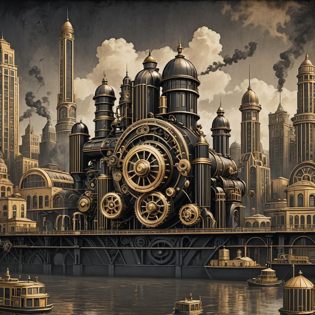 Art Deco Black and Gold Waterfront Skyline