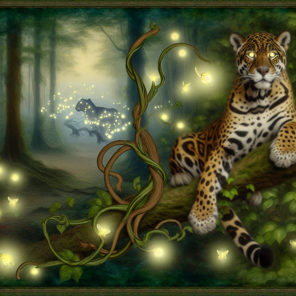 Majestic Jaguar in Misty Forest, Romantic Oil Painting