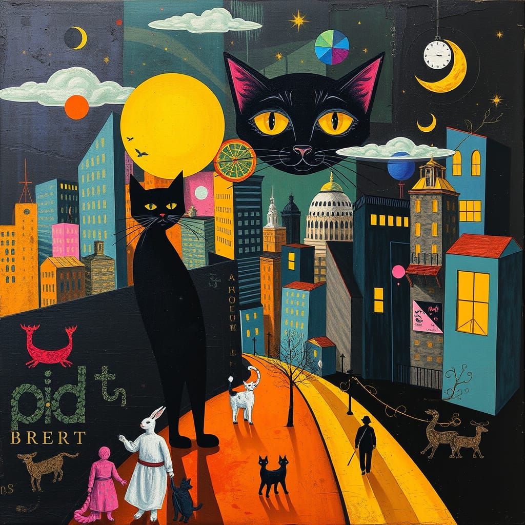 Surreal Black Cat City in Vibrant Colors